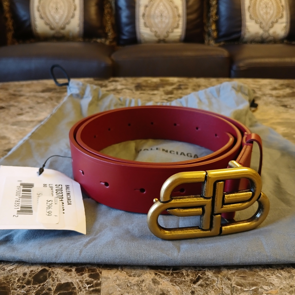 Balenciaga Lipstick Leather Belt with Gold Buckle